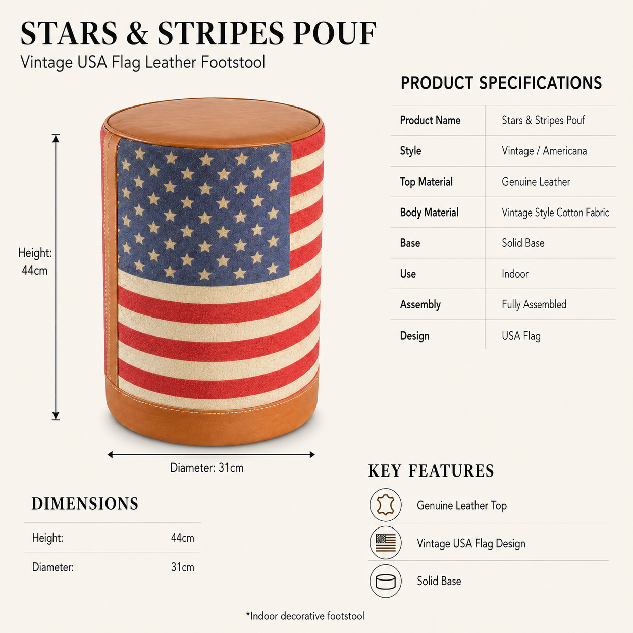 Stars & Stripes USA Flag Pouf Footstool | Genuine Leather & Vintage Fabric