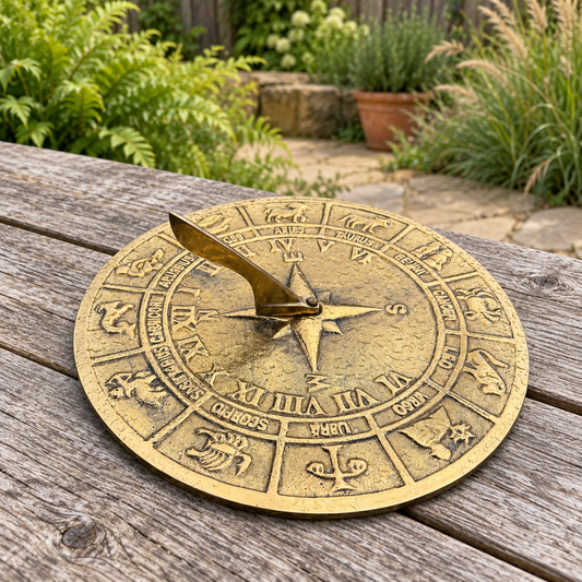 Zodiac Solid Brass and Patina Sculpture Sun Dial Watch Clock