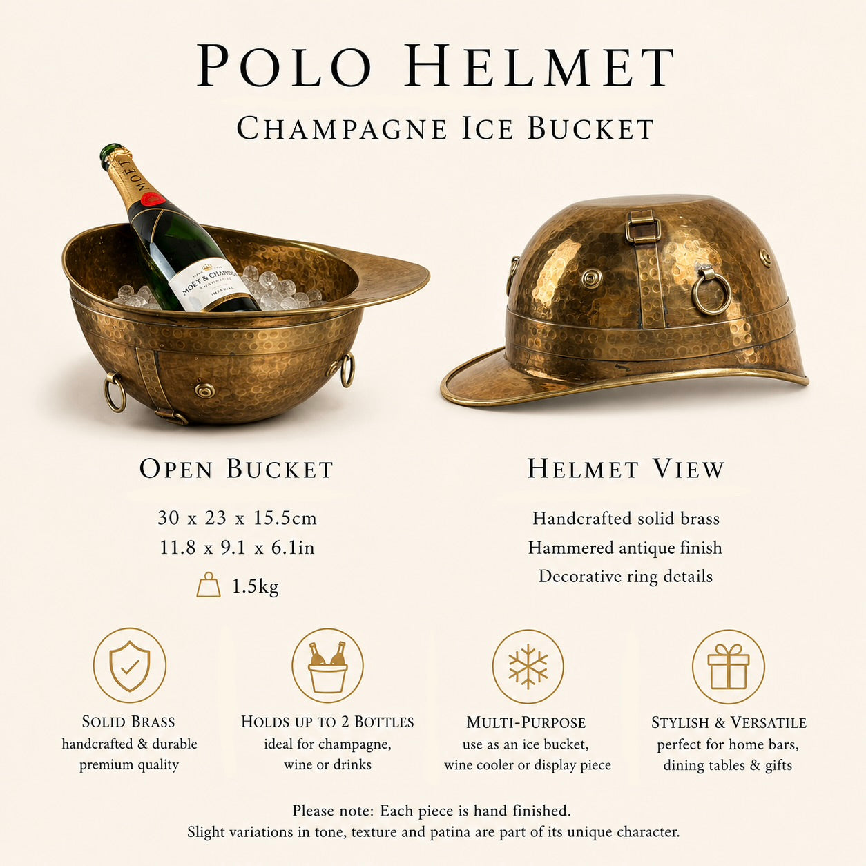 Brass polo helmet ice bucket with champagne bottle and ice, featuring product details on a beige background.