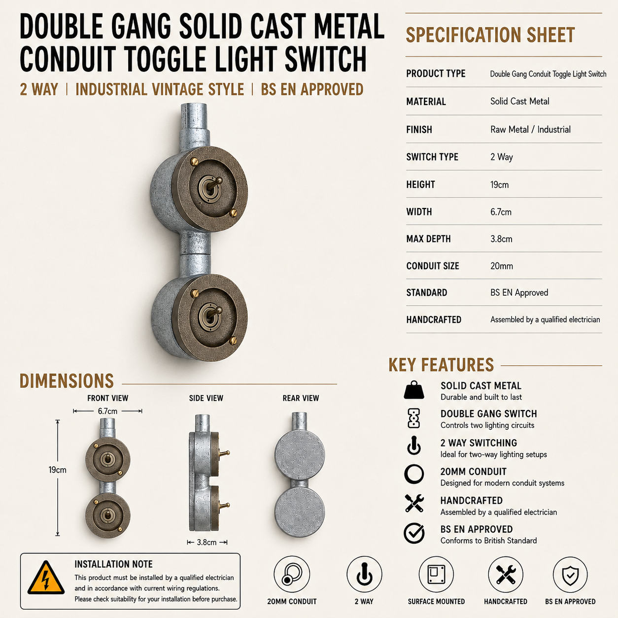 Double Gang Cast Metal Conduit Light Switch | 2 Way Vintage