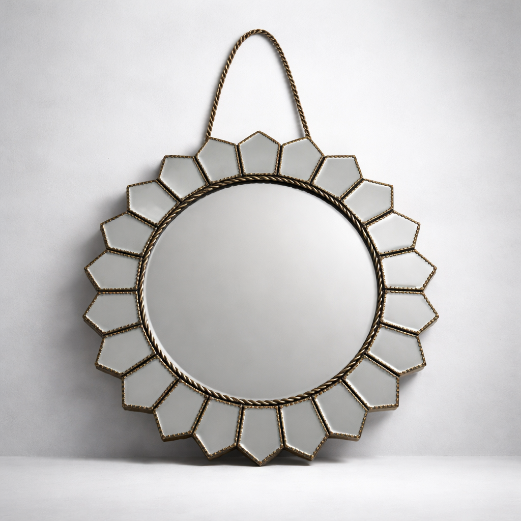 Antique Gold Flower Sunburst Round Wall Mirror
