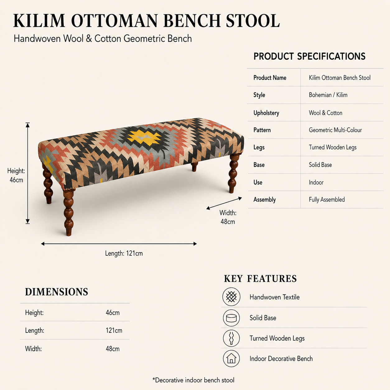 Geometric Kilim Ottoman Bench Stool | Handwoven Wool & Cotton | 121cm