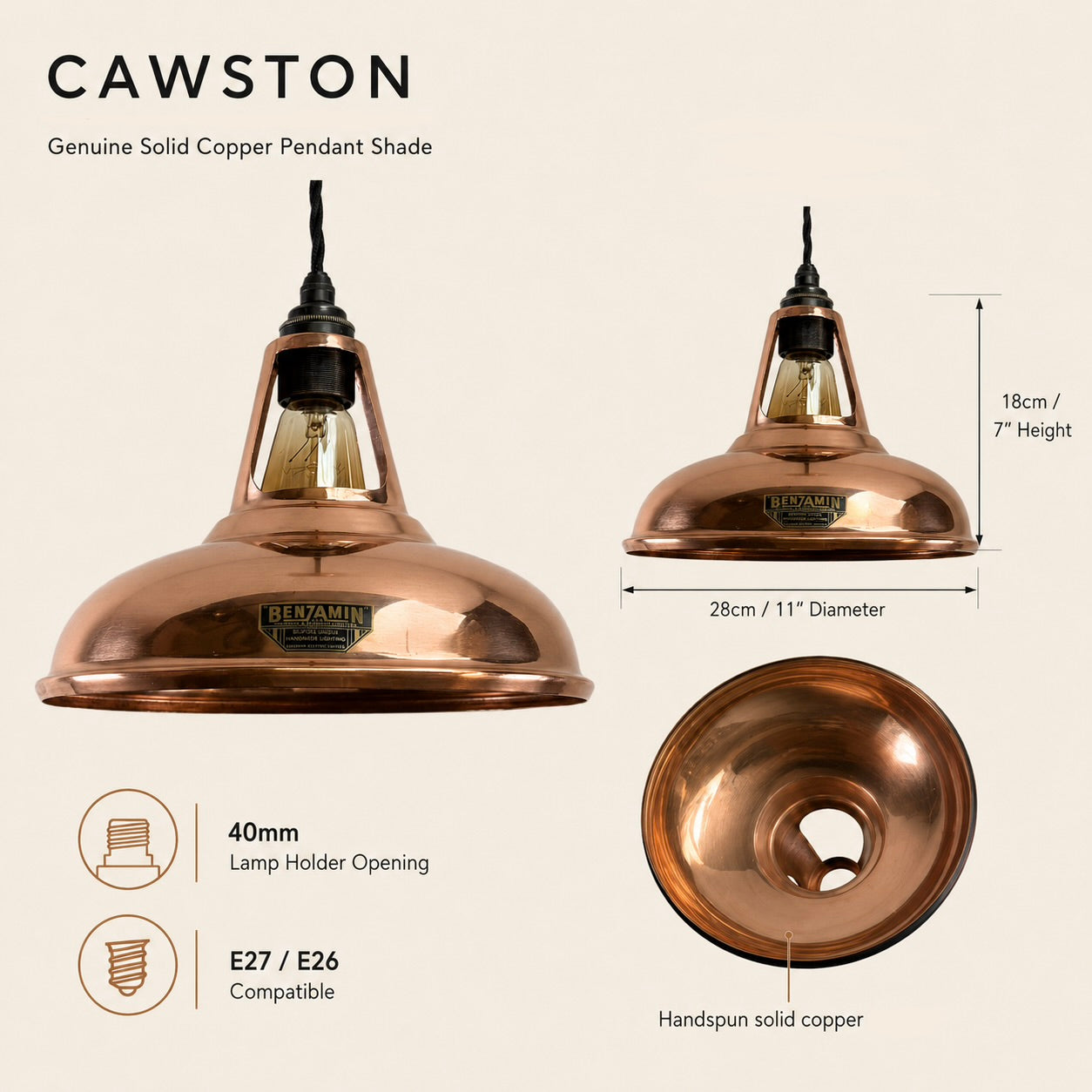 Cawston Solid Copper Coolicon Lampshade Pendant Light - 11 Inch