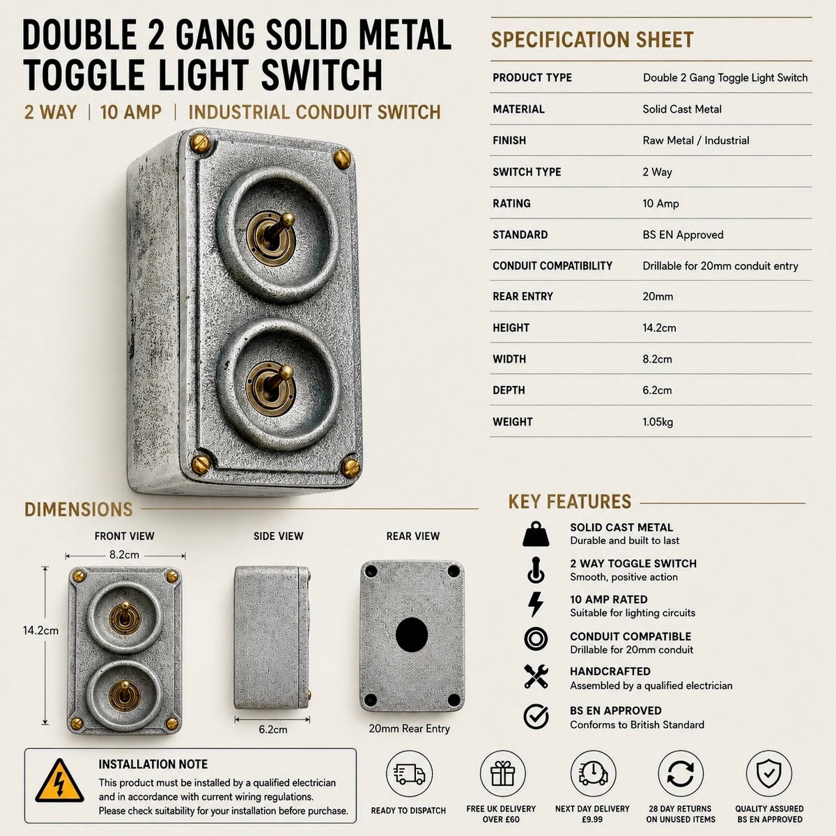 Double 2 Gang Cast Metal Toggle Light Switch | Industrial 2 Way