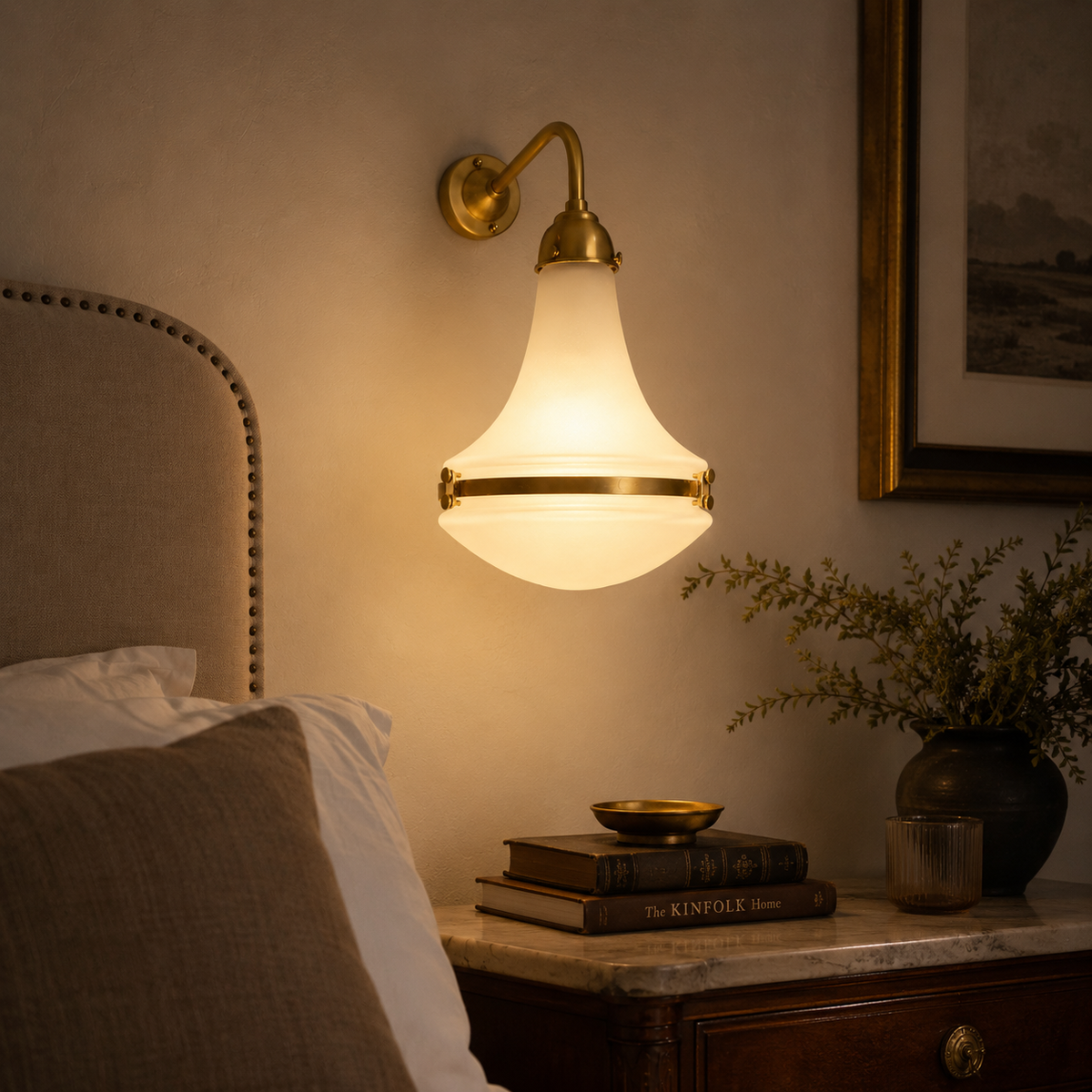 Opaline Antique Brass Wall Sconce Industrial Vintage Light