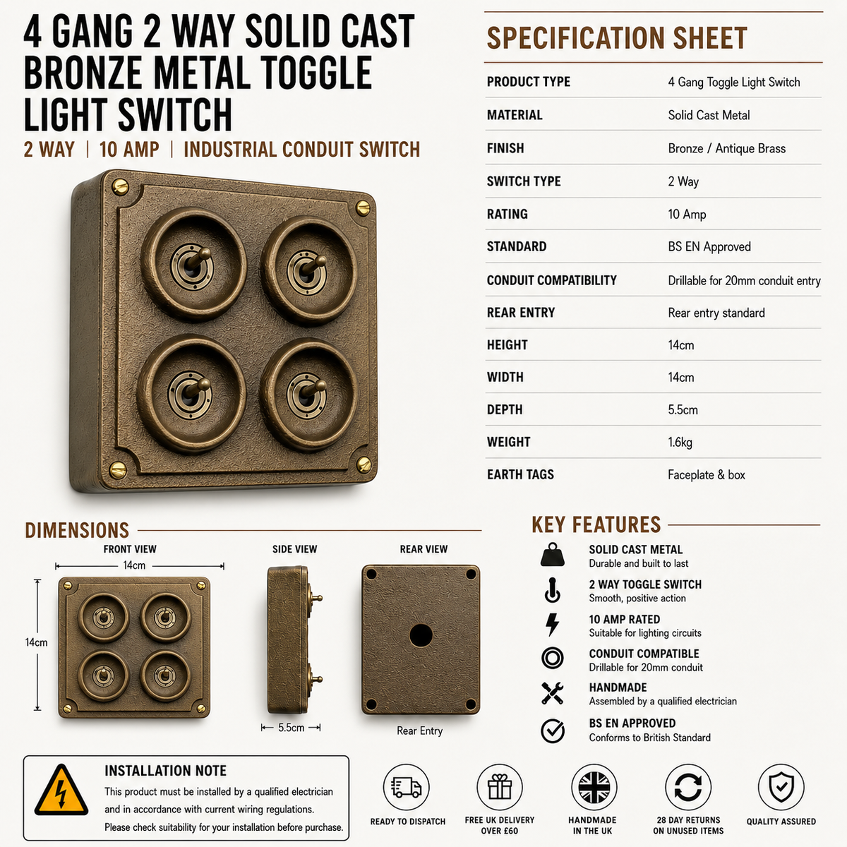 4 Gang 2 Way Antique Brass Light Switch | Solid Cast Bronze Finish