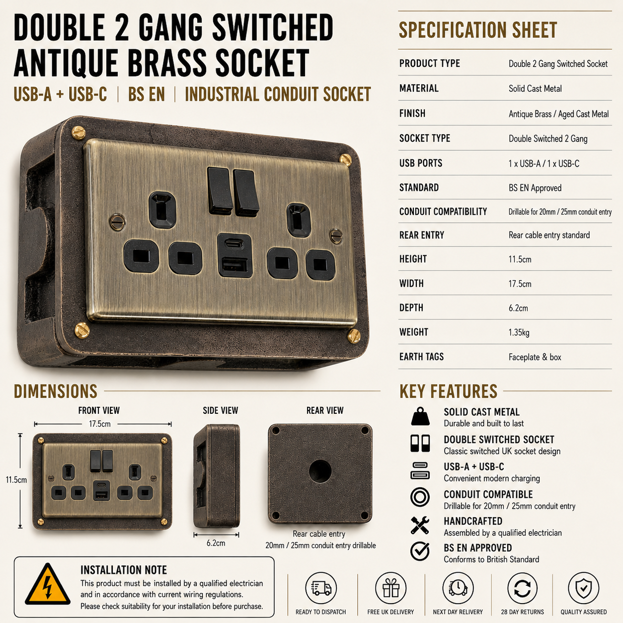 Antique Brass & Copper Double Gang Switched Socket | Cast Metal Conduit