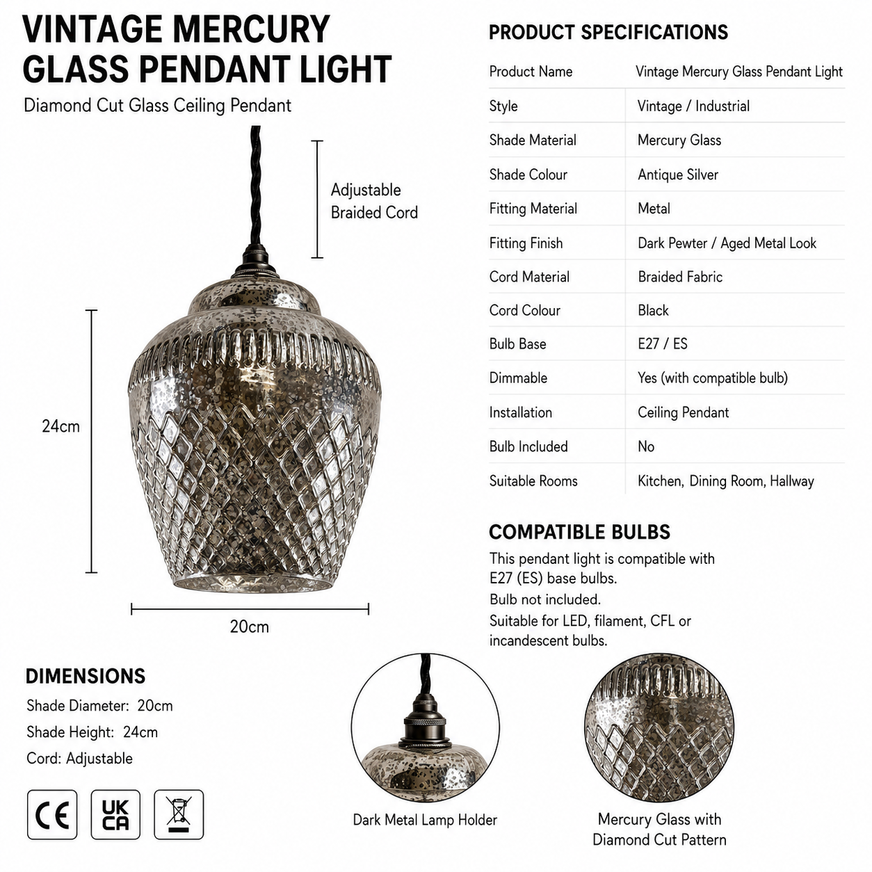 Vintage Mercury Glass Pendant Light | Diamond Cut Glass