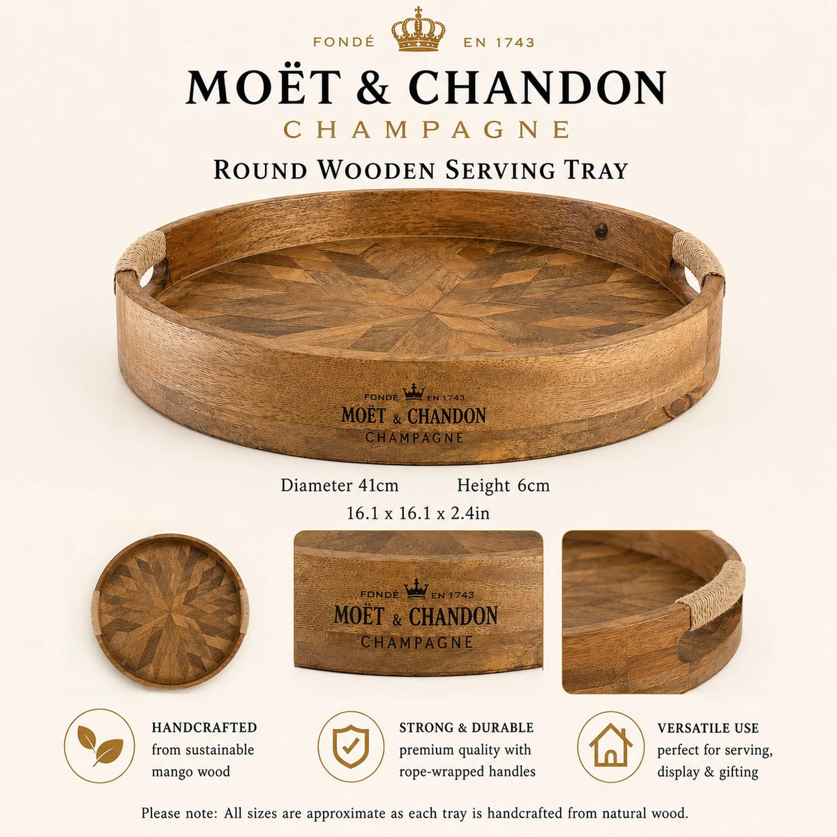 Moët & Chandon Large Round Wooden Patchwork Champagne Serving Tray | 41cm