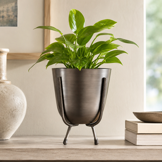 Pewter Grey Indoor Plant Pot & Stand | Small Metal Planter