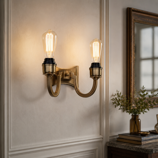Double Antique Brass Wall Sconce Light | Vintage Industrial Twin Wall Lamp