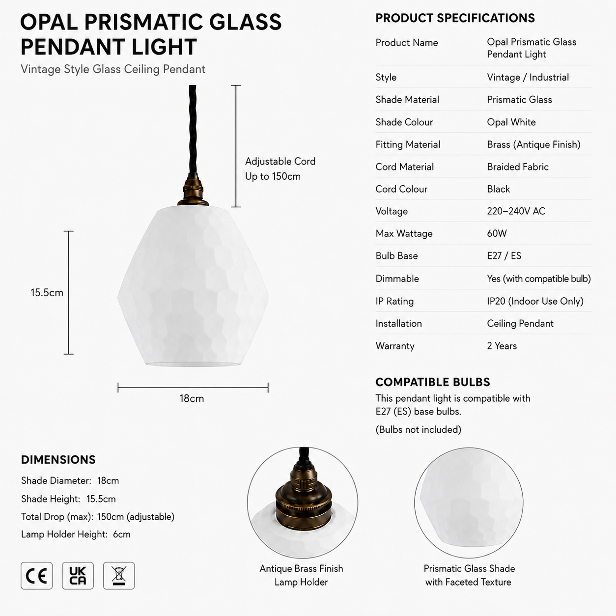 Opal Prismatic Glass Pendant Light
