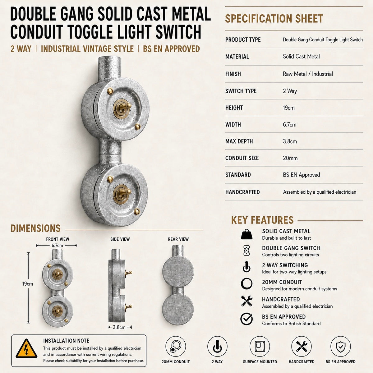 Double Gang Solid Cast Conduit Light Switch | 2 Way Industrial Vintage Style
