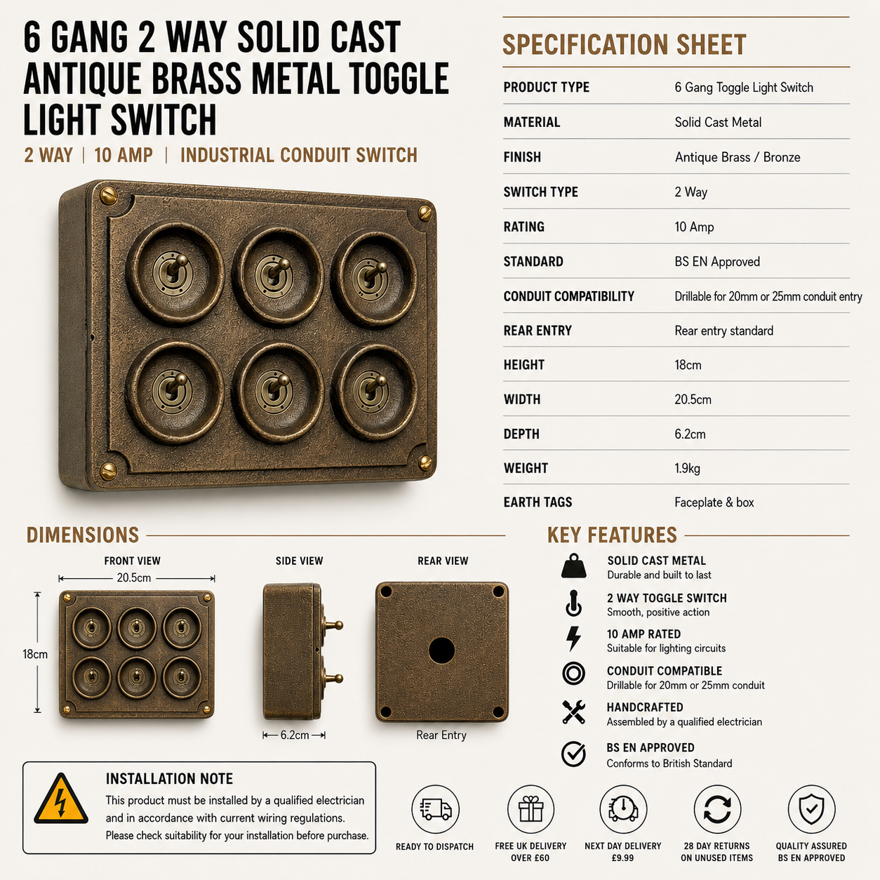 6 Gang 2 Way Antique Brass Cast Metal Conduit Light Switch