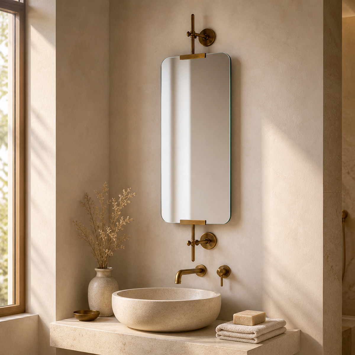 Bathroom with a sink, mirror, and decorative elements on a neutral wall.
