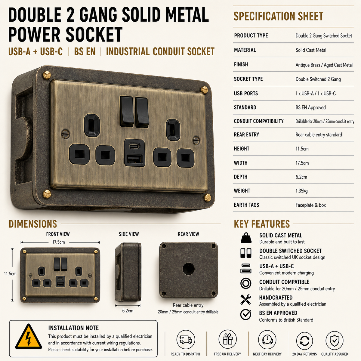 Antique Brass Double Switched 13A Socket | Solid Cast Metal Conduit Back Box