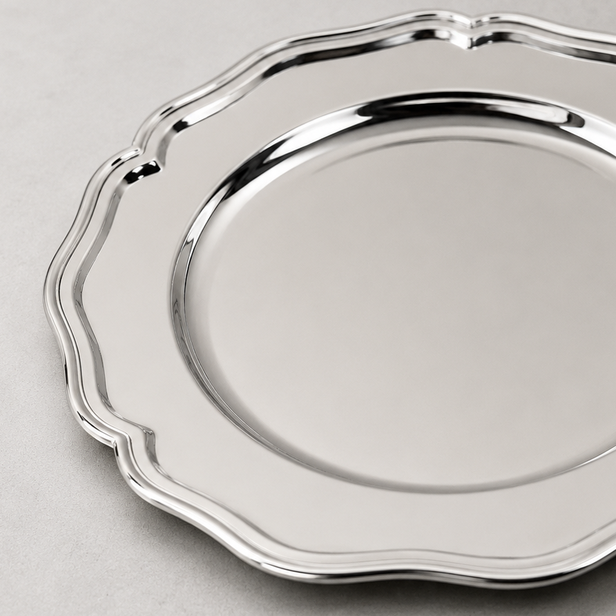 Round Silver Nickel Victorian Serving Tray | 30cm Mirror Finish Drinks Platter