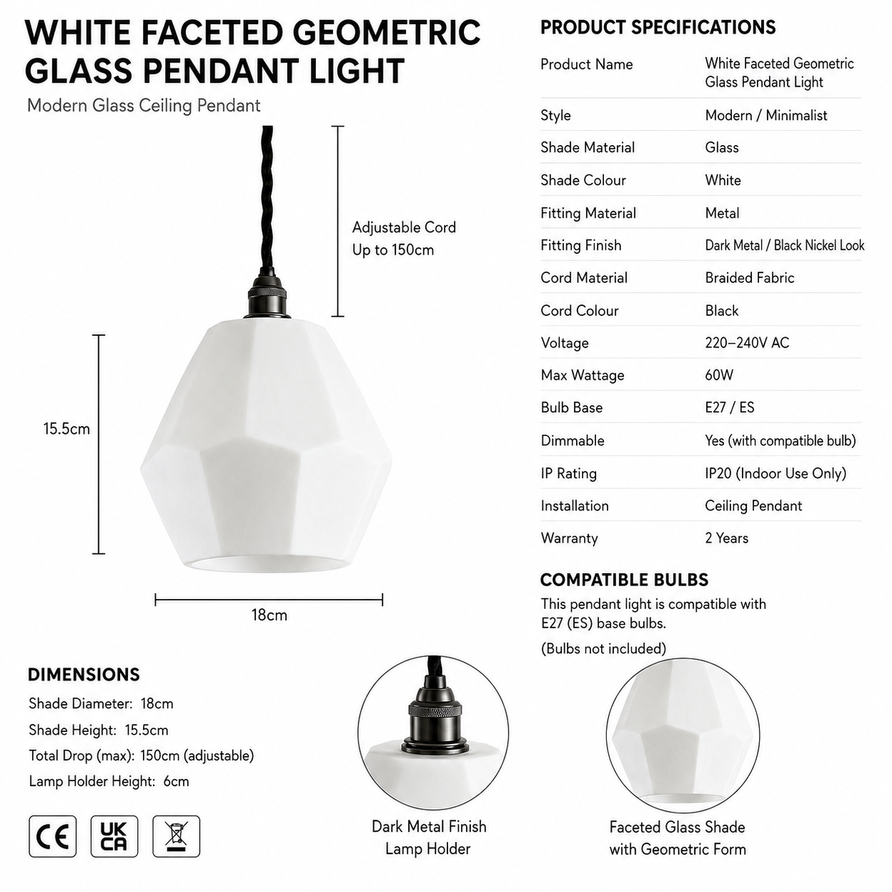 White Opal Geometric Glass Pendant Light