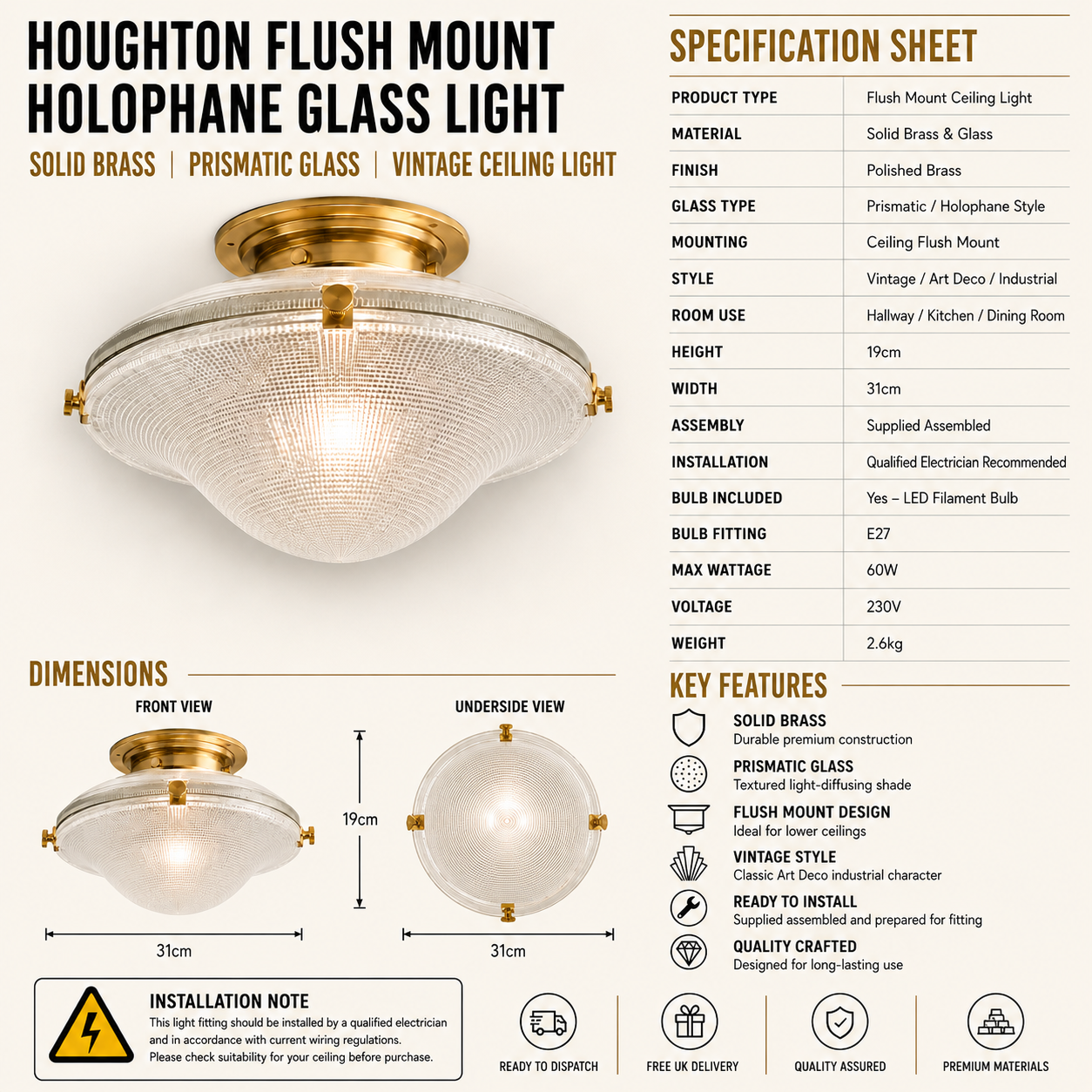 Houghton Flush Mount Holophane Glass Ceiling Light