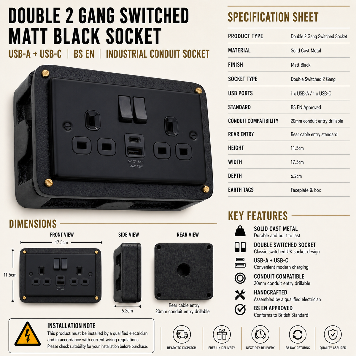 Matt Black Double Switched Solid Cast Metal Conduit 2-Gang Socket + 2.4A 12W 2 Outlet Type A & C USB Charger