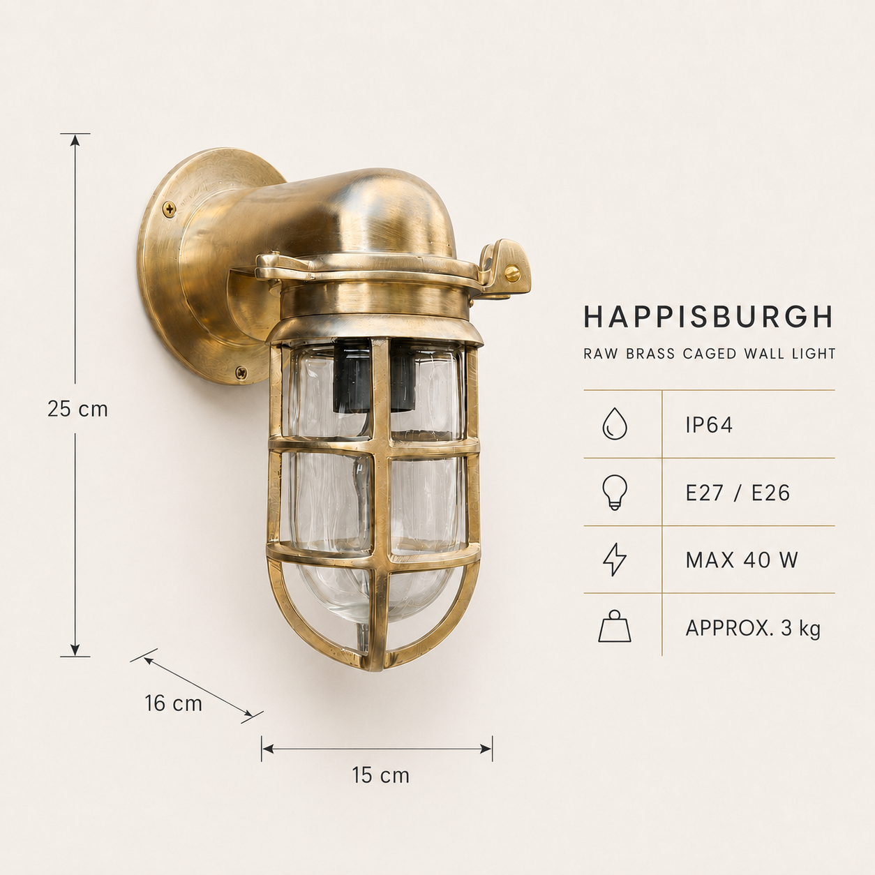 Happisburgh Raw Brass Outdoor & Bathroom Wall Light - 10 Inch