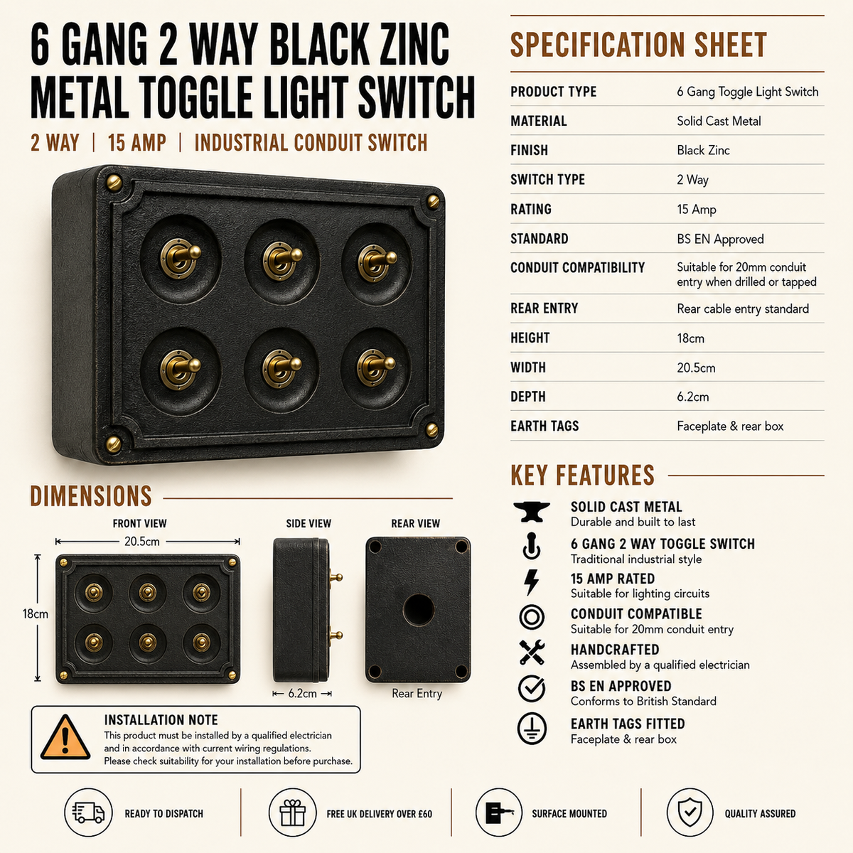 6 Gang 2 Way Black Zinc Cast Metal Conduit Light Switch