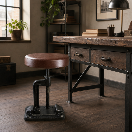 Vice Clamp Adjustable Stool | Cast Iron Industrial Seat | Leather Top