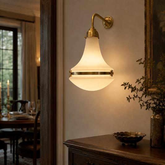 Opaline Antique Brass Wall Sconce Industrial Vintage Light | Dining Room | Kitchen Table |