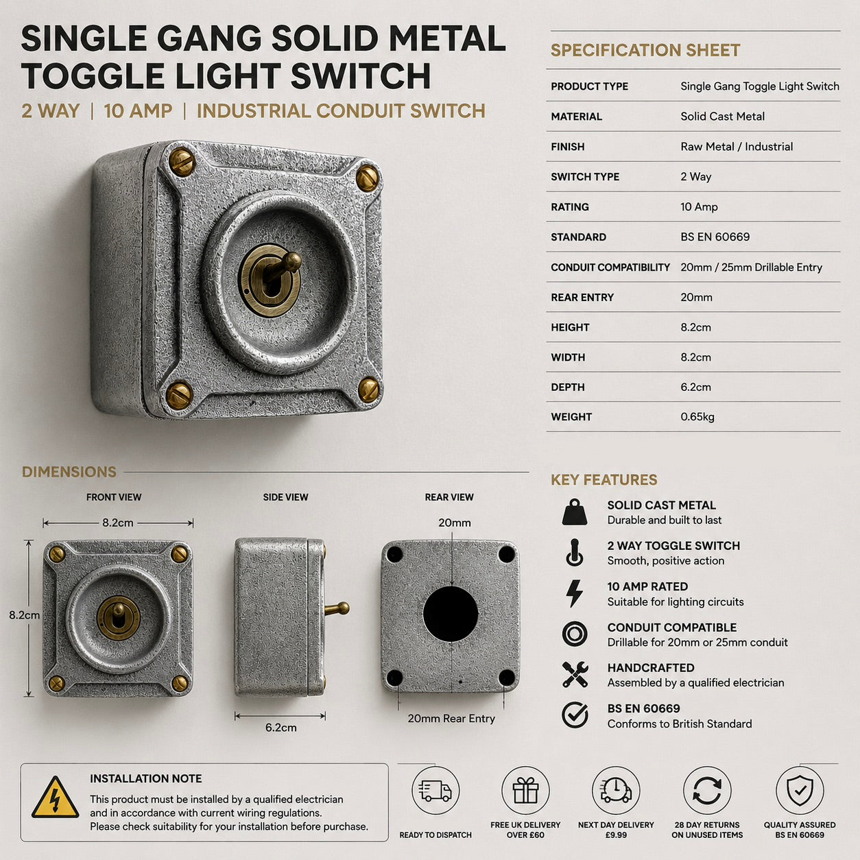 Single Gang Cast Aluminium Conduit Toggle Light Switch | 2 Way 10A