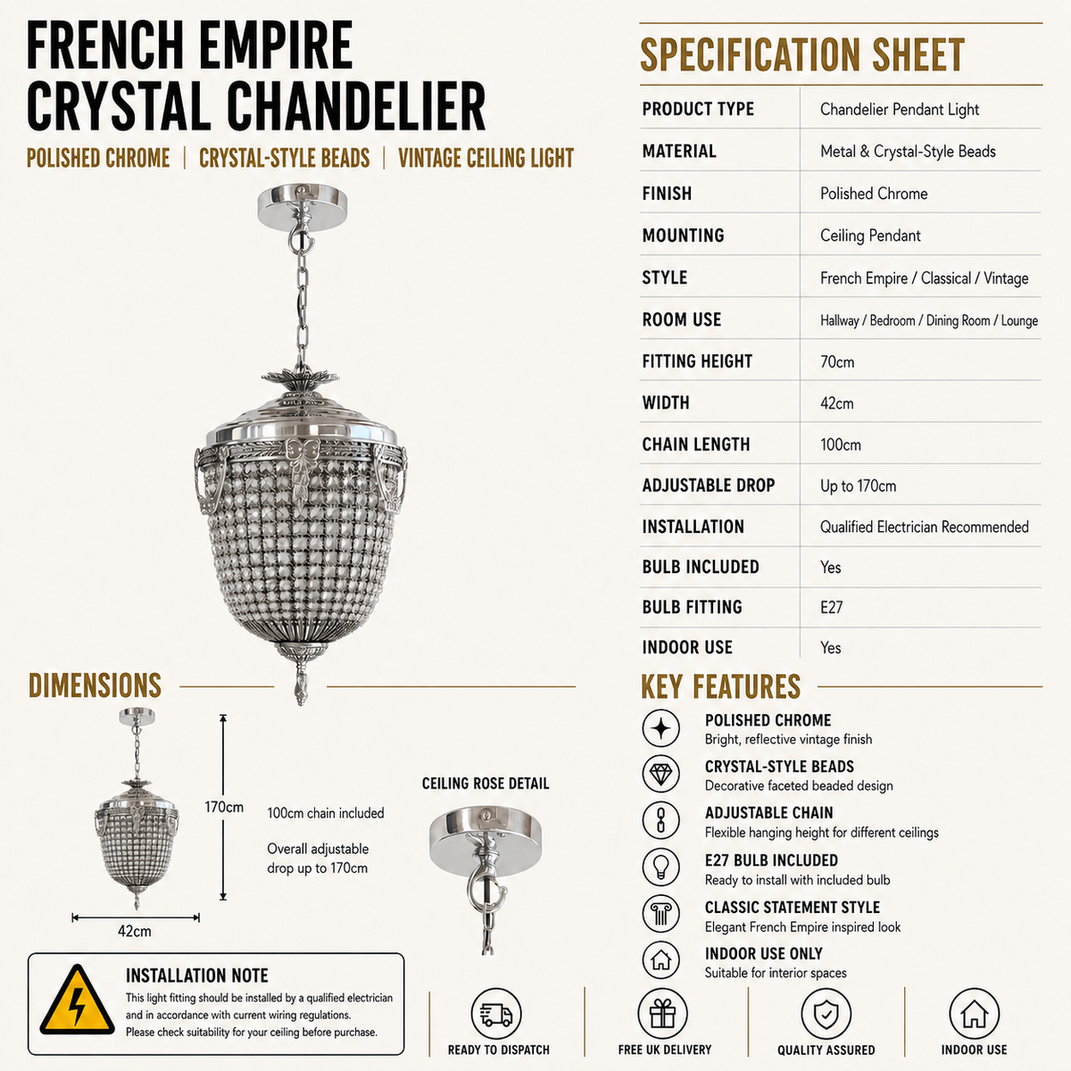 French Empire crystal chandelier with specifications on a white background