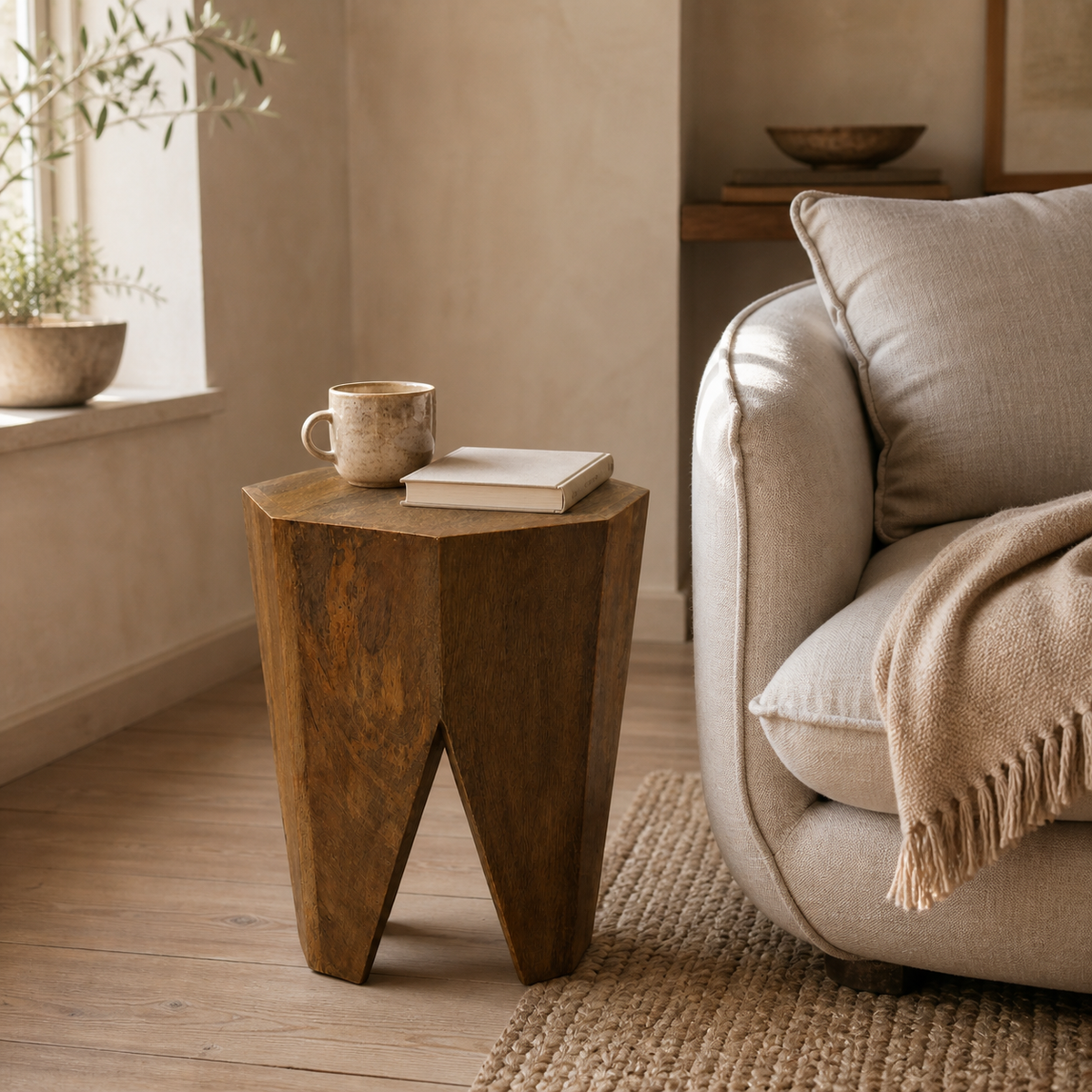 Wooden side table with a mug and book next to a beige sofa in a cozy living room.