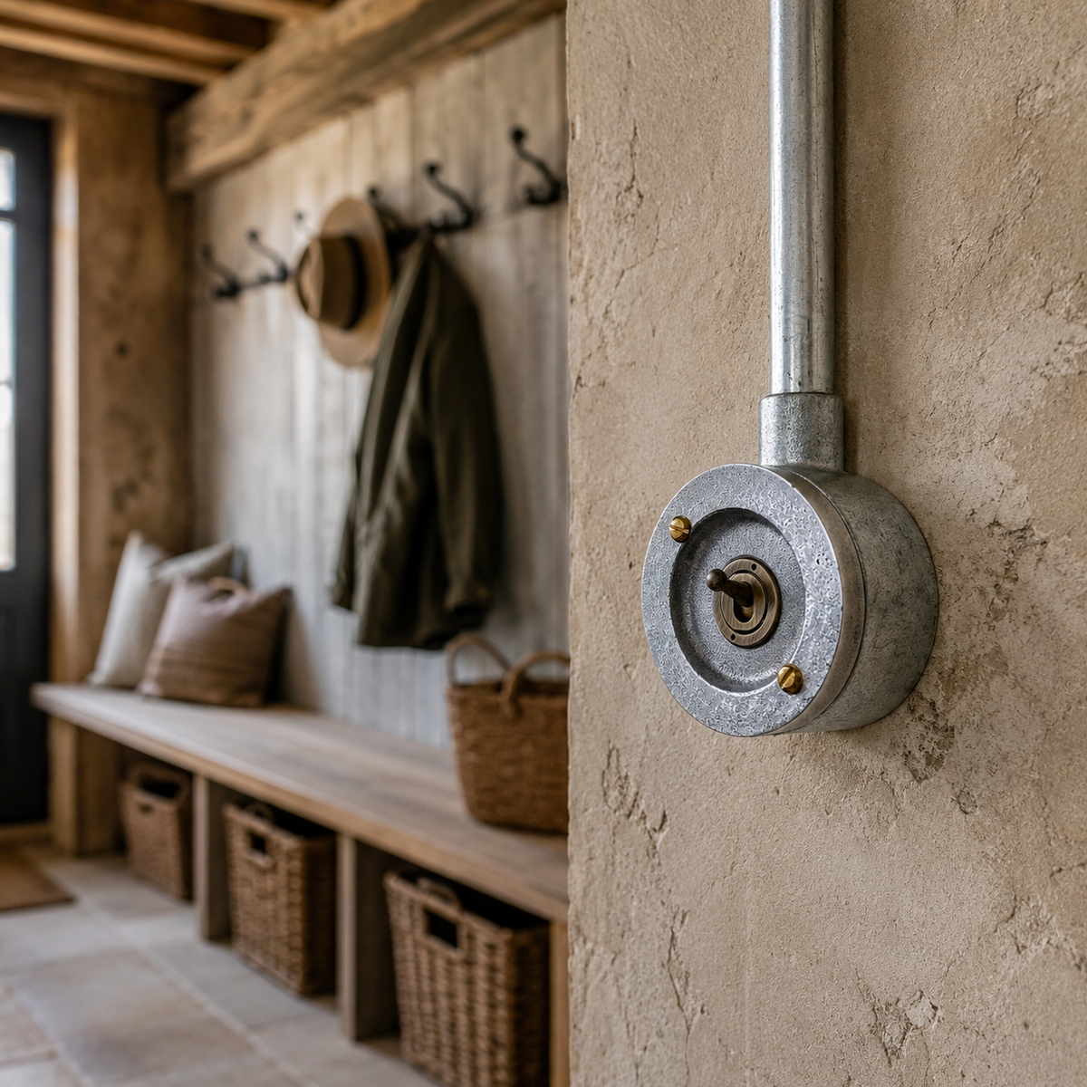 1-gang raw metal round conduit toggle light switch, additional product photograph.