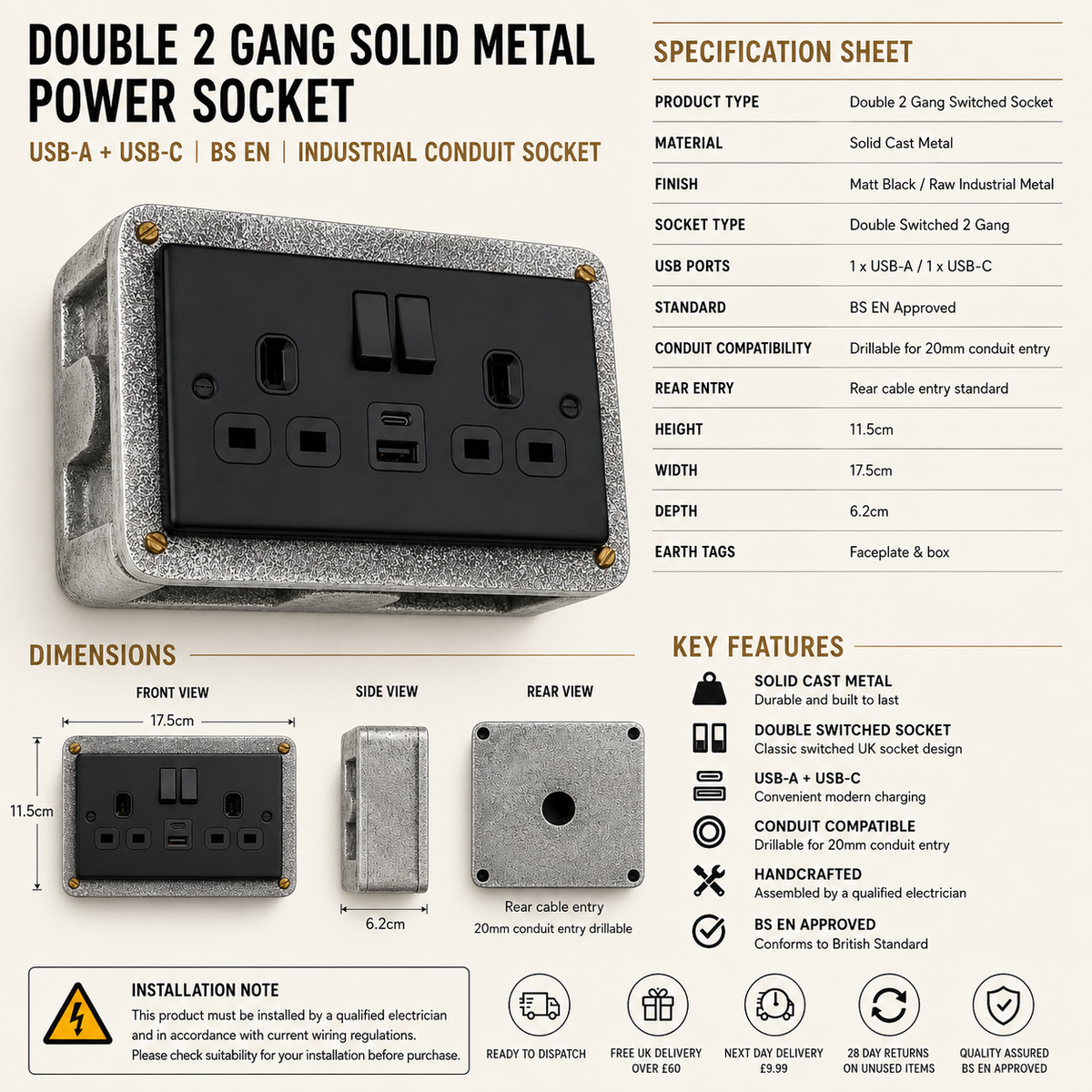 Matt Black Double Switched Solid Cast Metal Conduit 2 Gang Socket