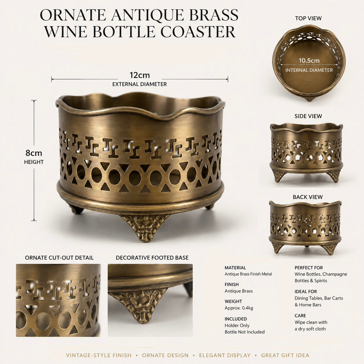 Luxury Vintage Antique Brass Wine Holder Ornante Bottle Stand