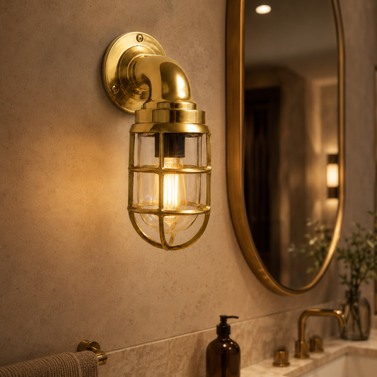 Beachamwell - Solid Brass Caged Swan Neck Outdoor & Bathroom Wall Light - 10.5 Inch