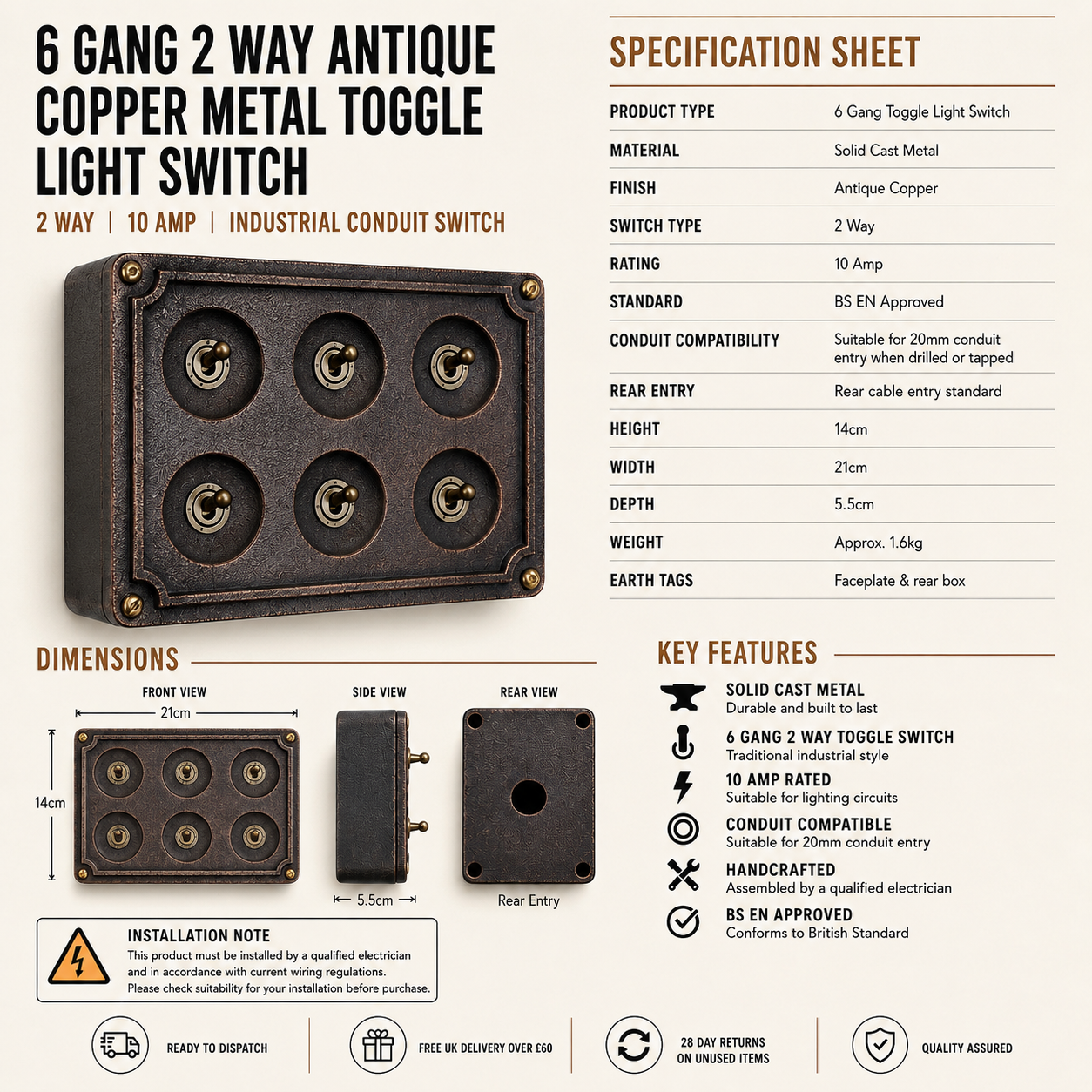 6 Gang 2 Way Antique Copper Toggle Light Switch | Metal Conduit