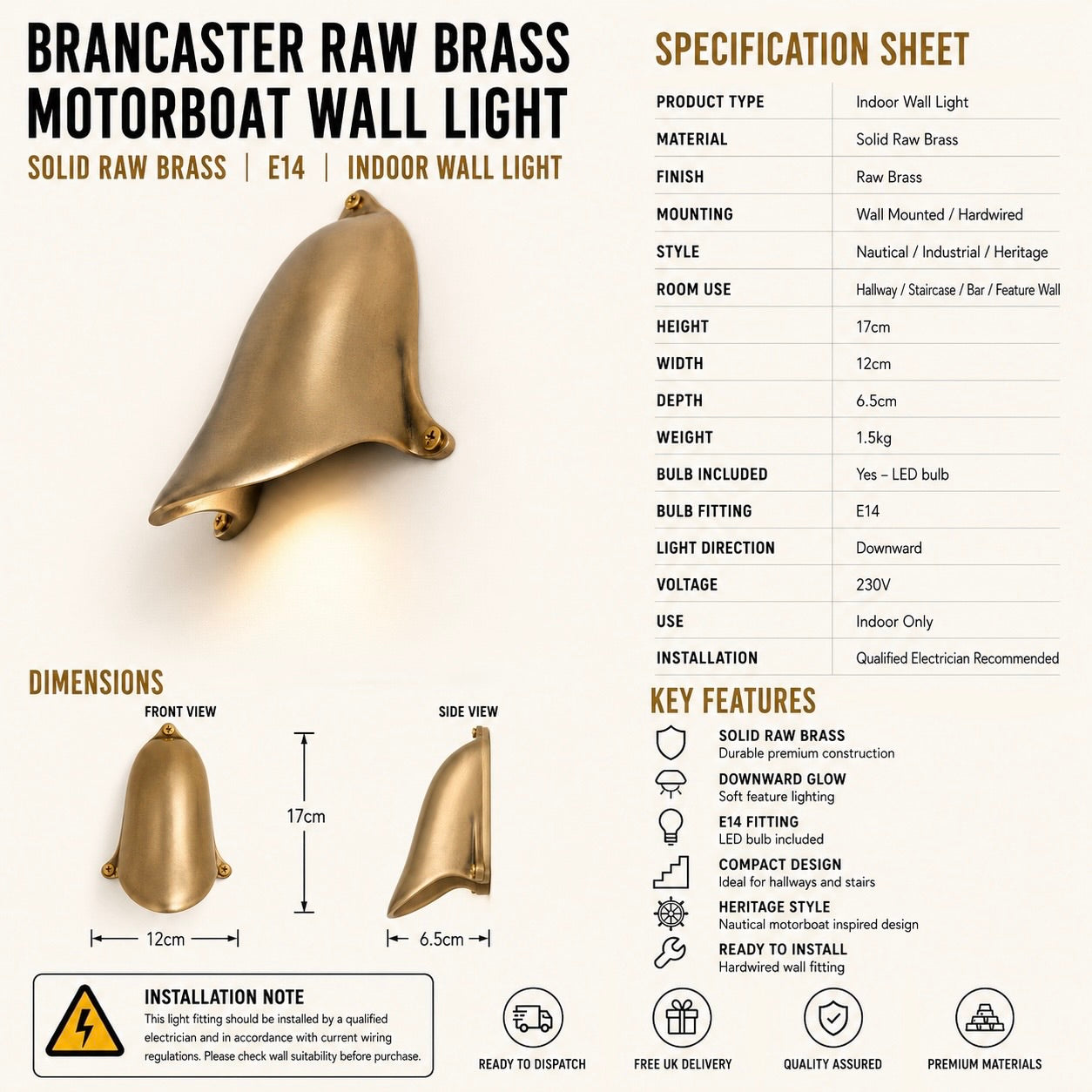 Raw Brass Motorboat Ventilator Cover | Indoor Wall Light