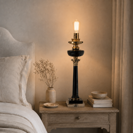 French Style Solid Brass & Black Glass Table Lamp Bedside Reading Light
