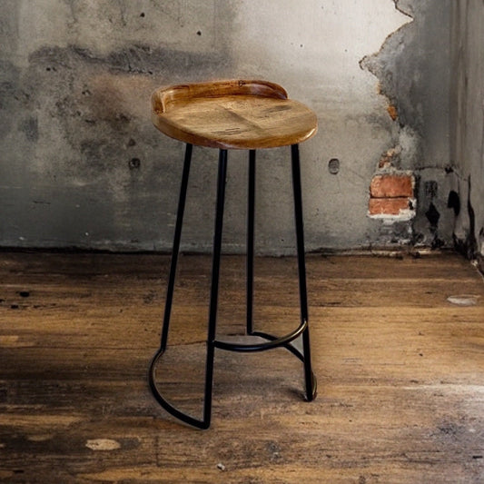 Solid Mango Wooden Top Bar Stool Hand Crafted | Solid Cast Metal | Floor Standing | Kitchen Black Iron | Industrial Tractor Seat