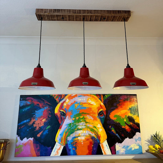 Filby ~ 3 x Red Lampshade Pendant Set Wooden Track Light | Dining Room | Kitchen Table