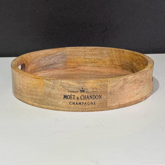 Round Wooden Serving Tray Moët & Chandon Champagne Butlers Crate Storage Natural Finish