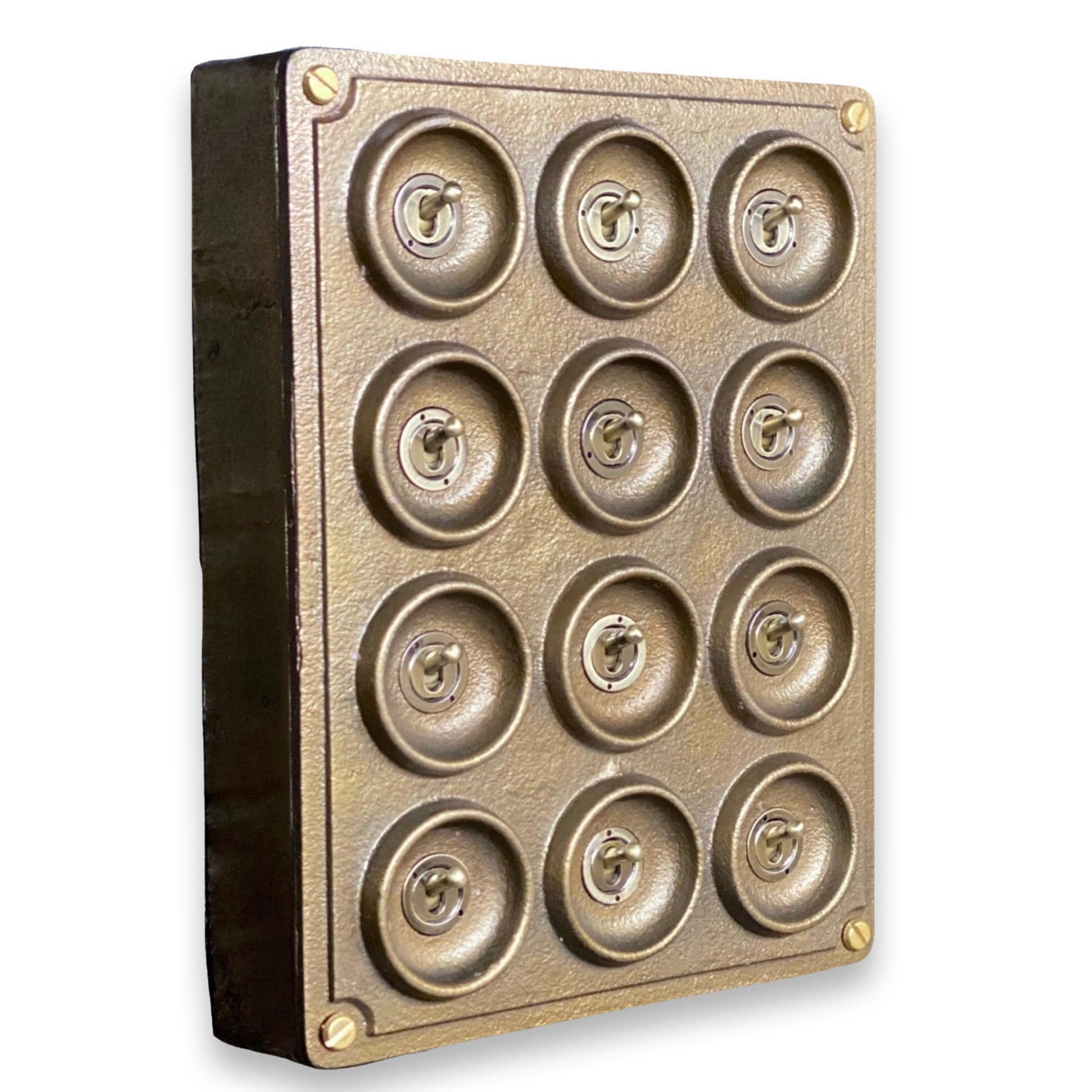 12 Gang 2 Way Bronze Solid Cast Metal Surface Mounting Conduit Light Switch Industrial - BS EN Approved Vintage Crabtree 1950