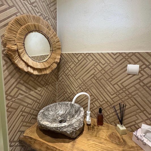 Maxlume ~ Handmade Round Wall Glass Mirror in double contour cane raffia for an ultra trendy decoration | made by hand | 22 Inch