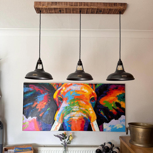 Cawston - Triple Industrial Pendant Light Bar - Rustic Wood Beam & Pewter Grey Metal Shades