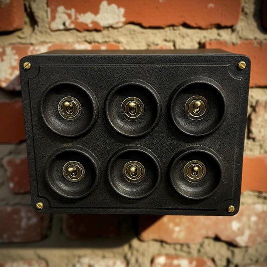 6 Gang 2 Way Black Zinc Solid Cast Metal Conduit Light Switch Industrial - BS EN Approved Vintage Crabtree 1950’s Style