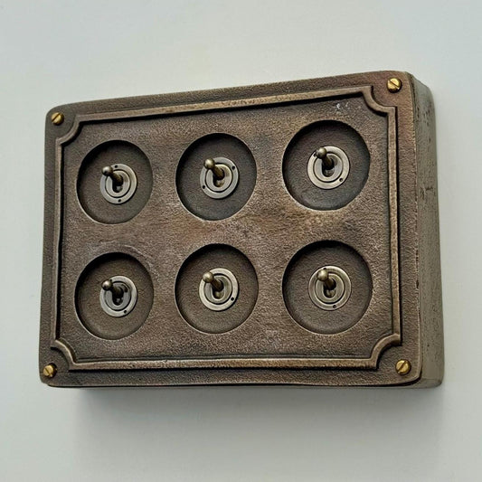 6 Gang 2 Way Bronze Solid Cast Metal Surface Mounting Conduit Light Switch Industrial - BS EN Approved Vintage Britmac Style
