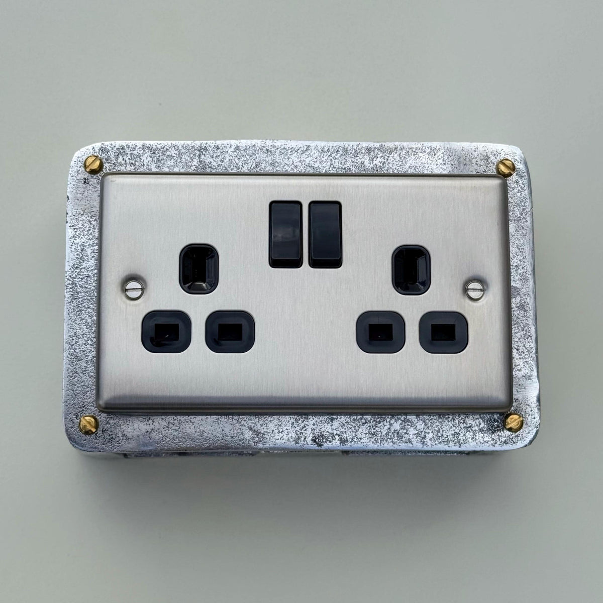 Brushed Steel Double Switched 13A Power Socket 230V 2 Gang 2G Socket Cast Metal Conduit Switch Industrial - BS EN Approved Vintage
