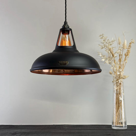 Cawston XL ~ Matt Black & Solid Copper Lampshade Slotted Design Pendant Ceiling Light ~ 14 Inch