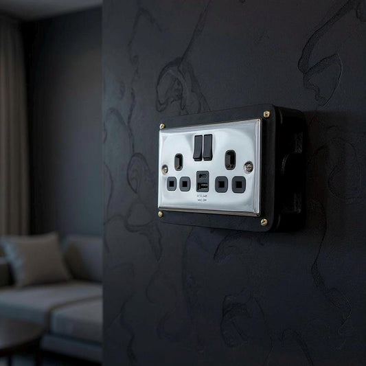 Black Double Switched Black Nickel Power Socket 230V 2 Gang Solid Cast Metal Conduit Switch