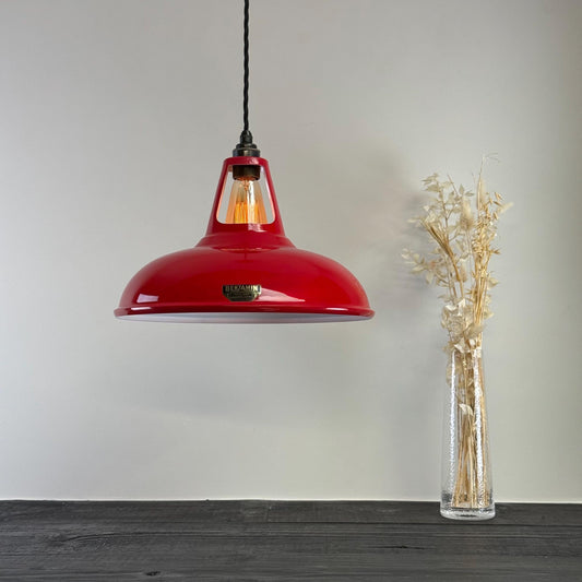 Cawston XL ~ **Worn** British Red Solid Shade Slotted Design Pendant Set Light ~ 14 Inch